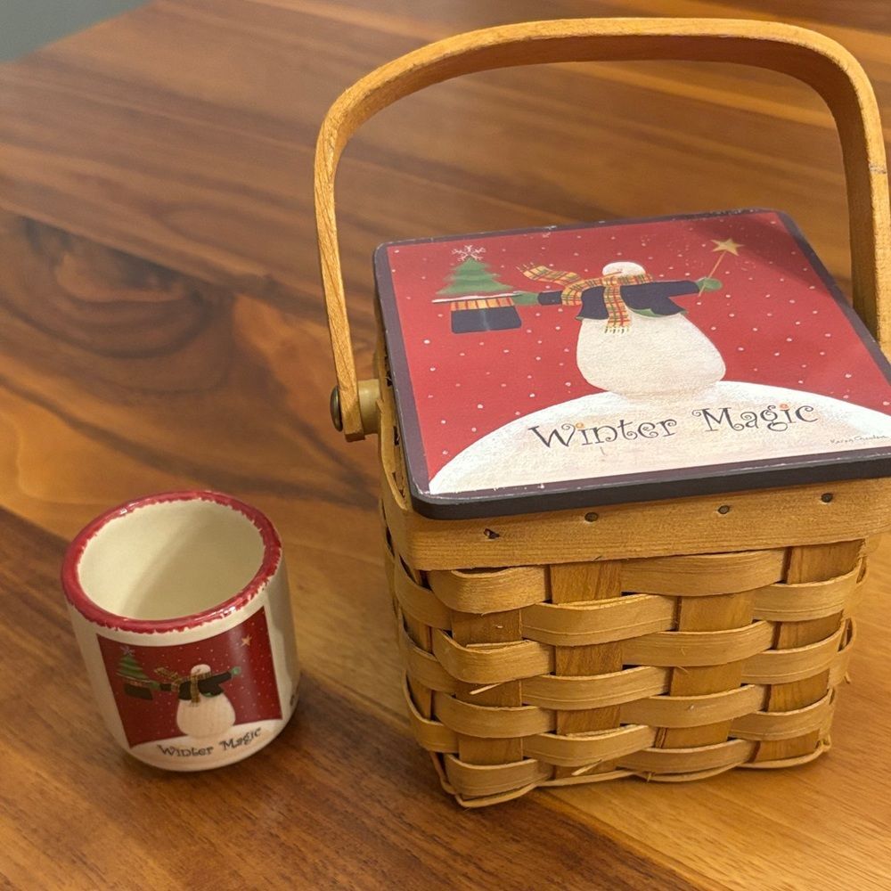 Karen Cruden Winter Magic Christmas Snowman Woven Basket and candle holder